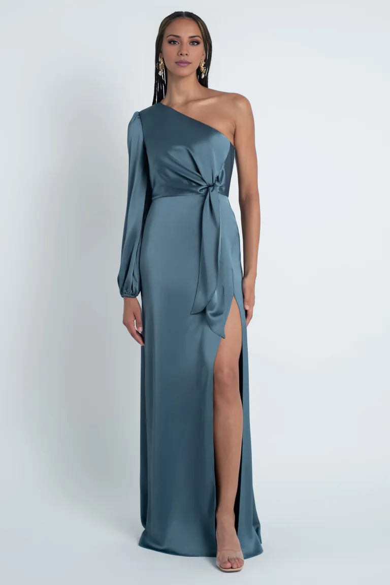 Jimiss asymmetrical neckline off shoulder long sleeved backless side slit and floor length Prom dress
